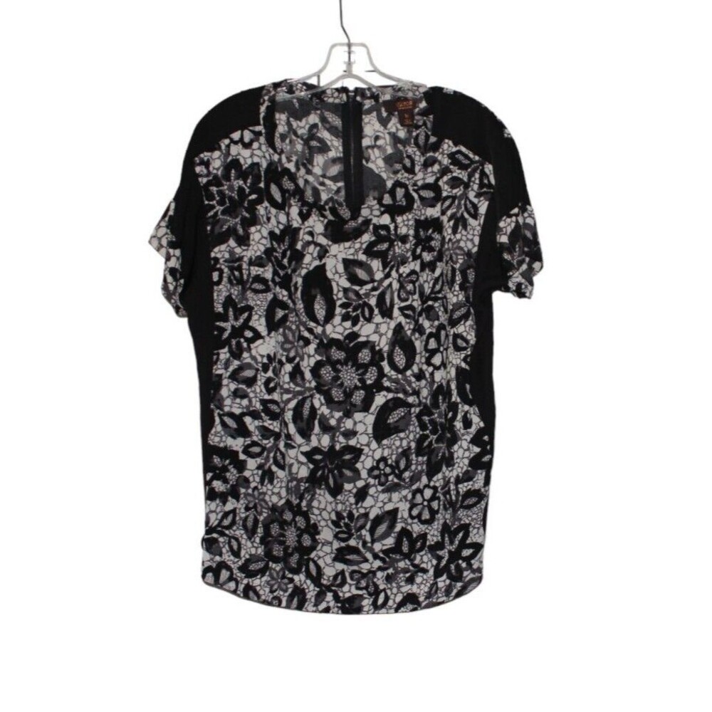 Victor Alfaro Blouse Tunic Pullover Short Sleeves Floral Black & White Size M